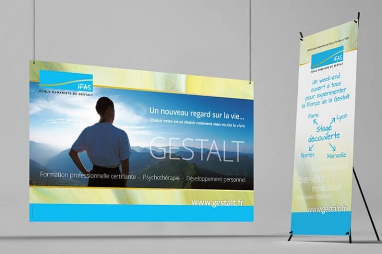 Roll-up IFAS Gestalt : homme face à des montagnes, texte sur formation Gestalt-thérapie, accompagnement, www.gestalt.fr.