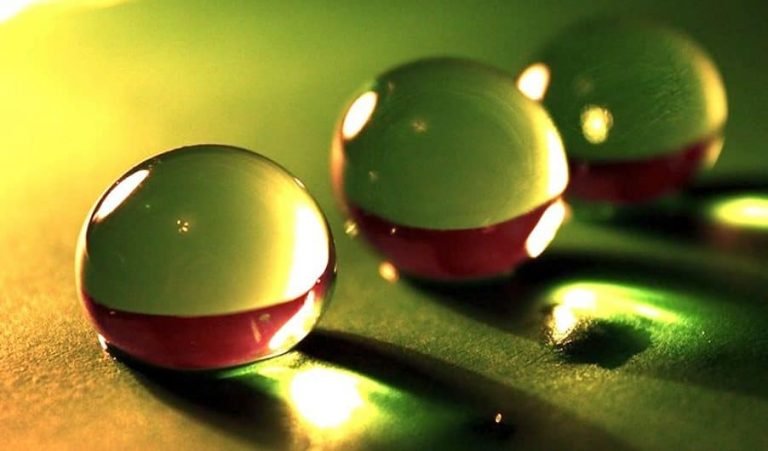 Trois billes de verre transparent reposent sur une surface lisse, reflétant la lumière et projetant des ombres teintées de vert et de jaune - une image qui fait subtilement écho aux principes de la Gestalt. L'arrière-plan légèrement flou présente des tons chauds verts et dorés.