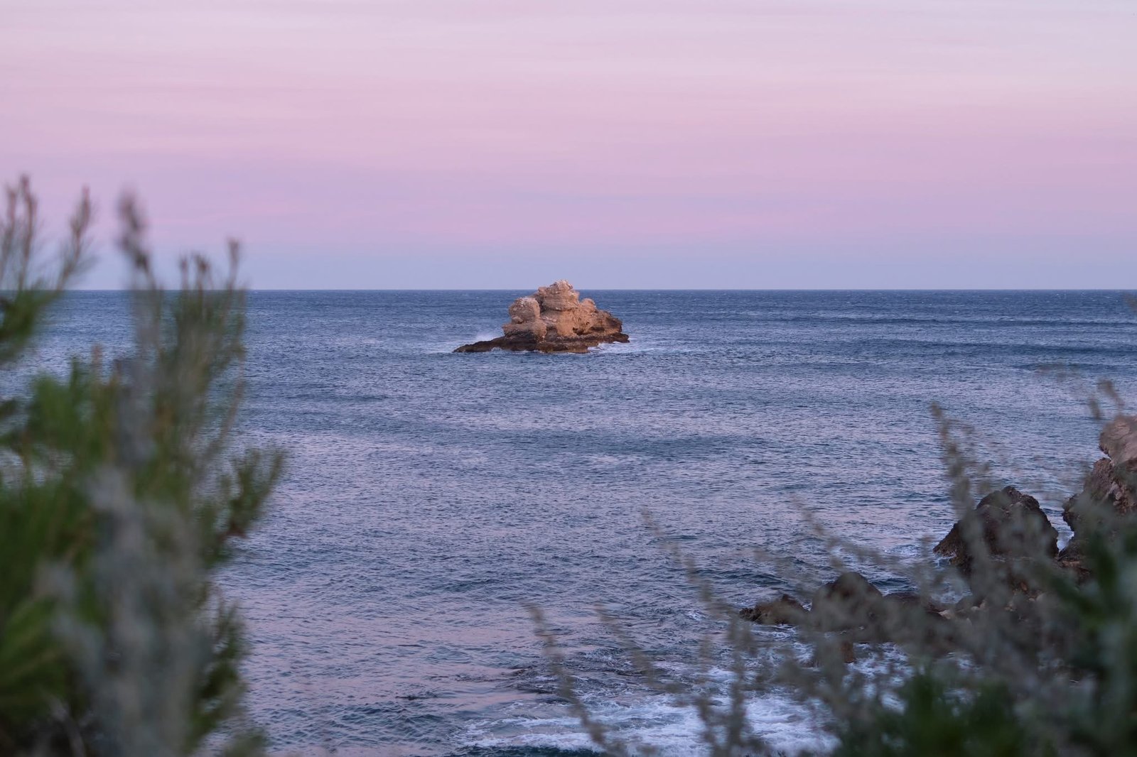 Îlot rocheux dans une eau calme au coucher du soleil, ciel rose et violet, feuillages verts flous au premier plan.