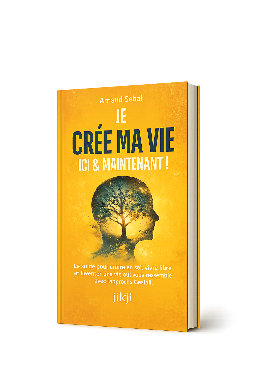 Livre jaune " Je Crée Ma Vie Ici & Maintenant !" Arnaud Sebal, tête silhouette arbre, fond jaune lumineux.