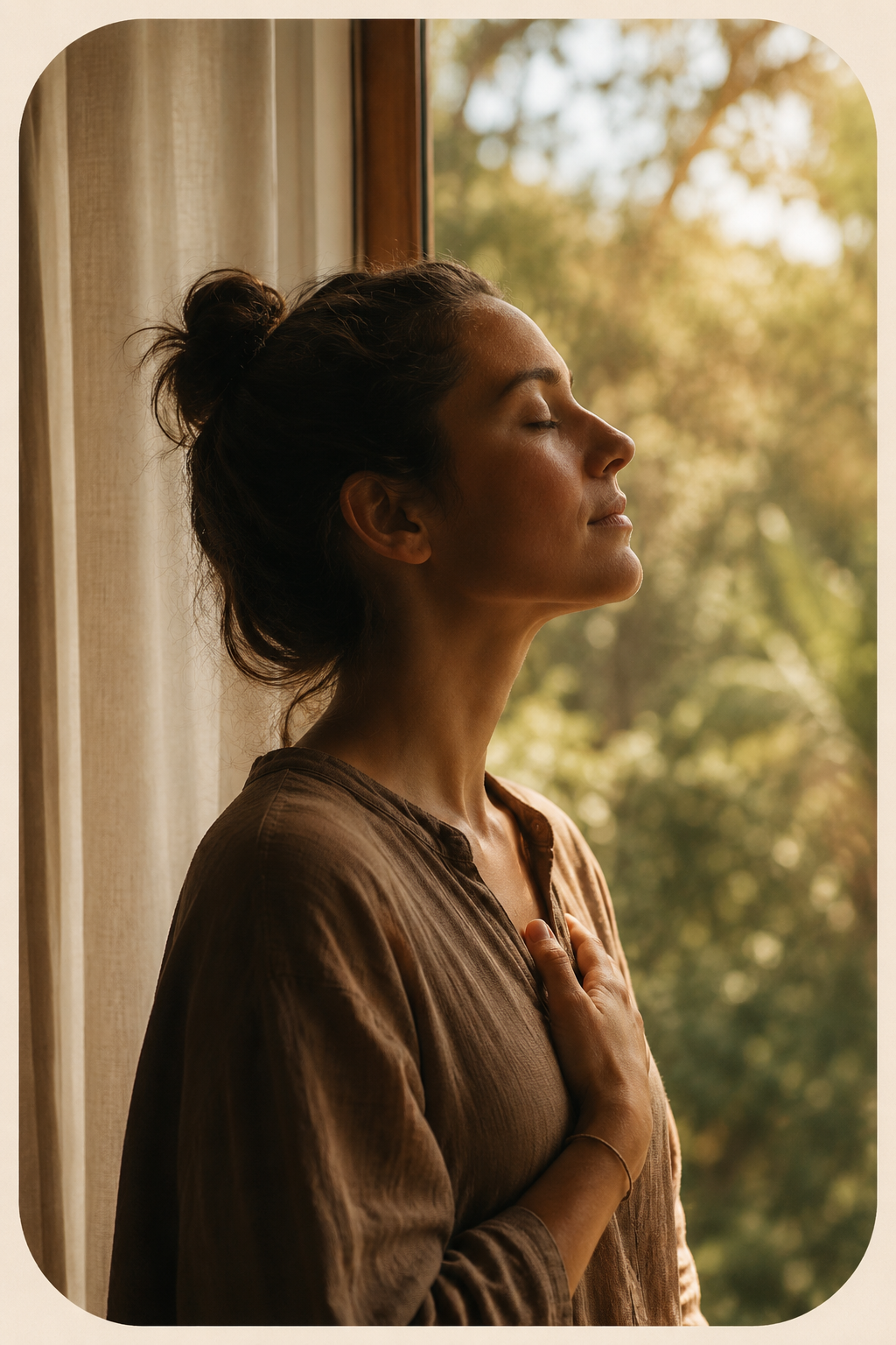 Femme debout près d'une fenêtre, yeux fermés, main sur la poitrine, baignée de lumière naturelle apaisante.