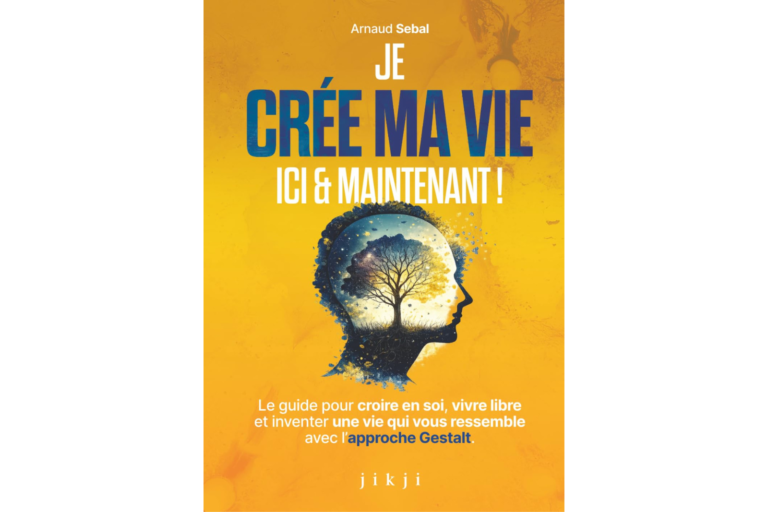 Couverture jaune vif, silhouette de tête humaine remplie d'un arbre et ciel étoilé, titre JE CRÉE MA VIE ICI & MAINTENANT !.